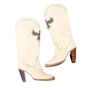 VTG Zodiac USA Phoenix 1970's Western 3.5'' Heel Boots Feather Inlays Size 6 M